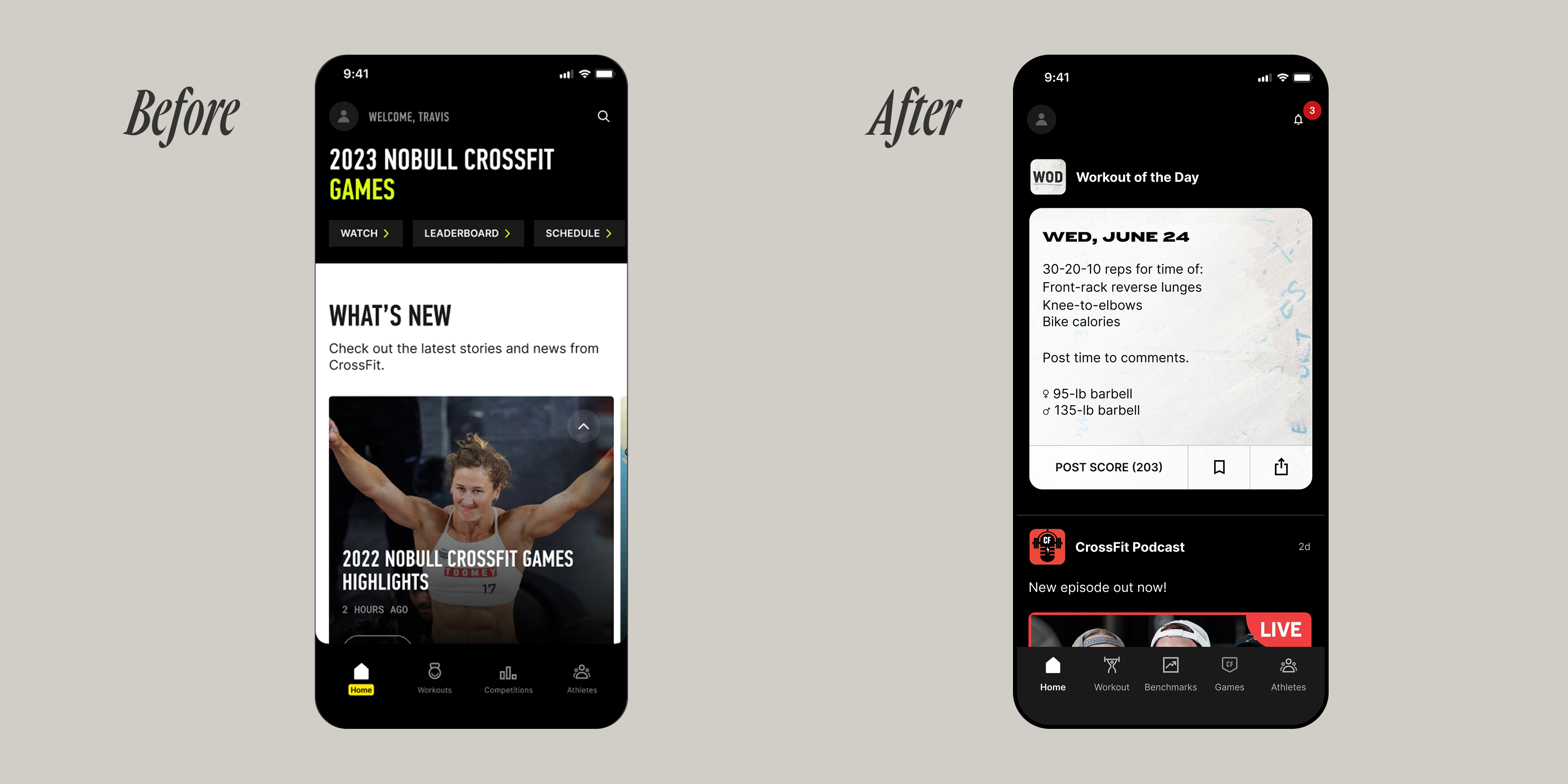 Side-by-side screens of the redesigned CrossFit mobile app