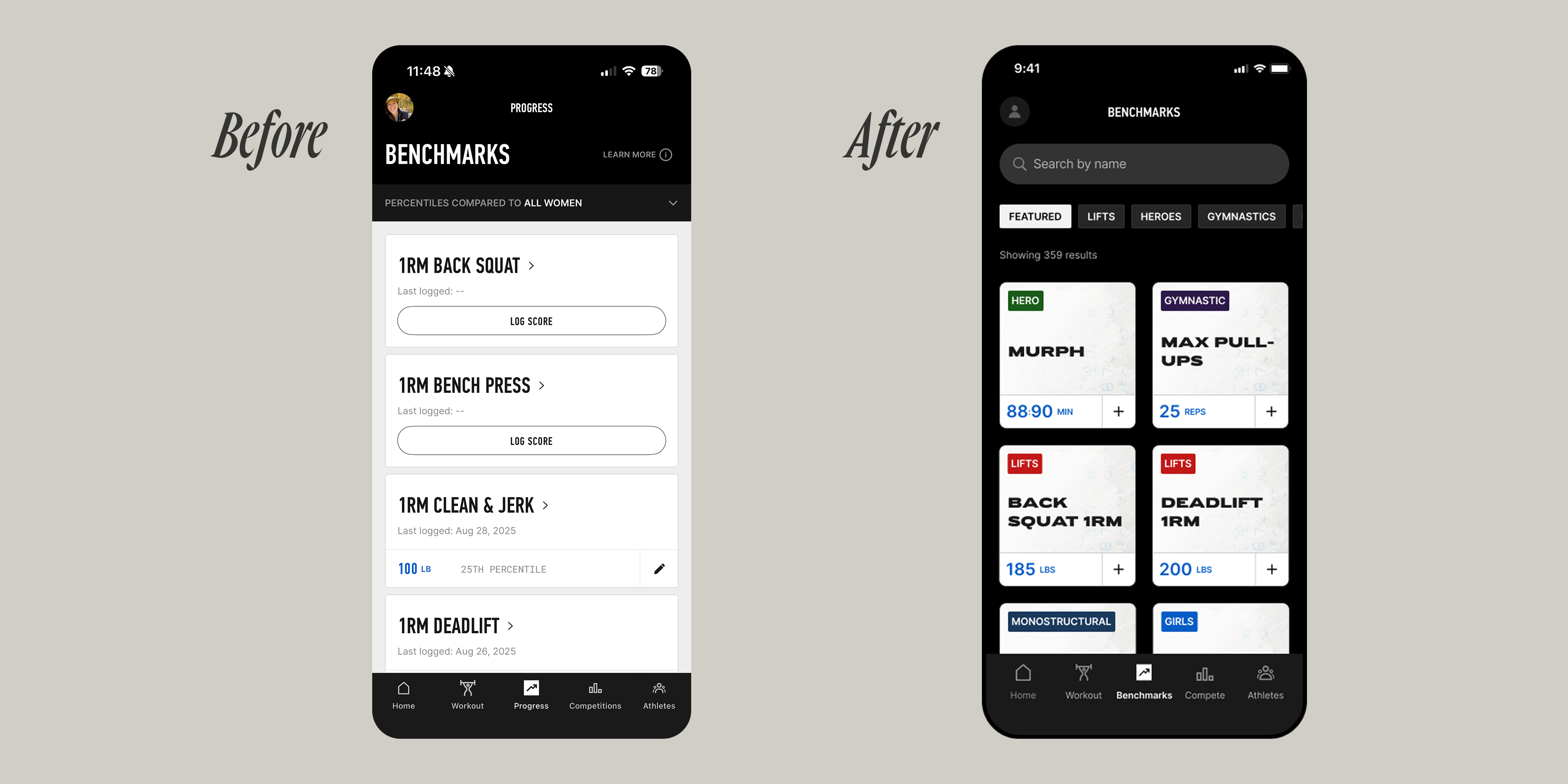 Before and after of the redesigned Benchmarks tab