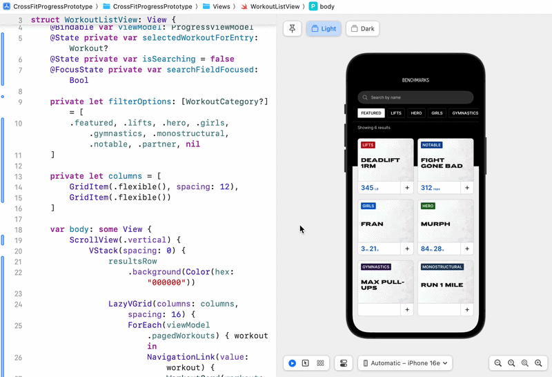 Benchmarks tab prototyped in Xcode using SwiftUI