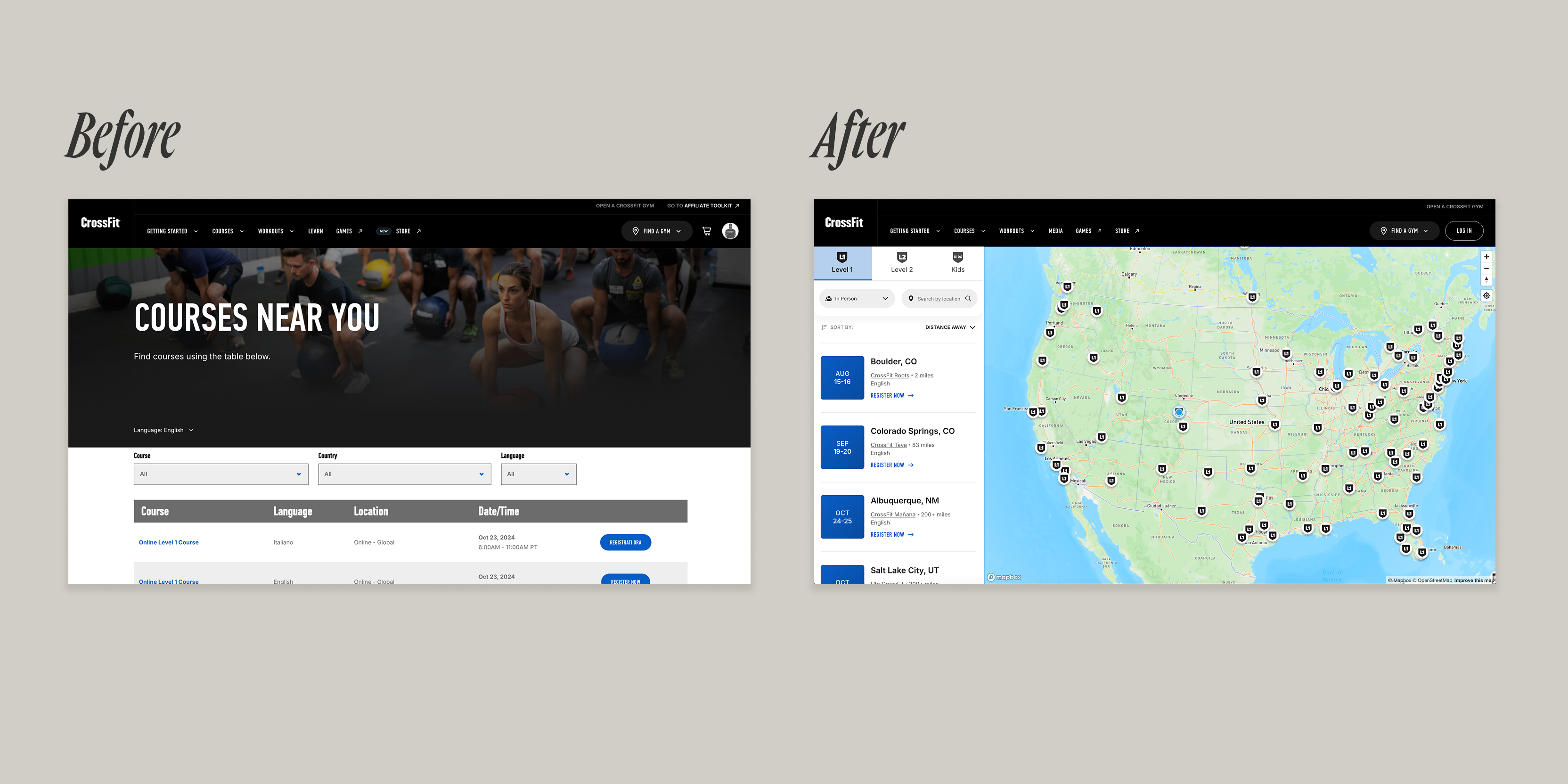 Before and after of the course-finder map redesign