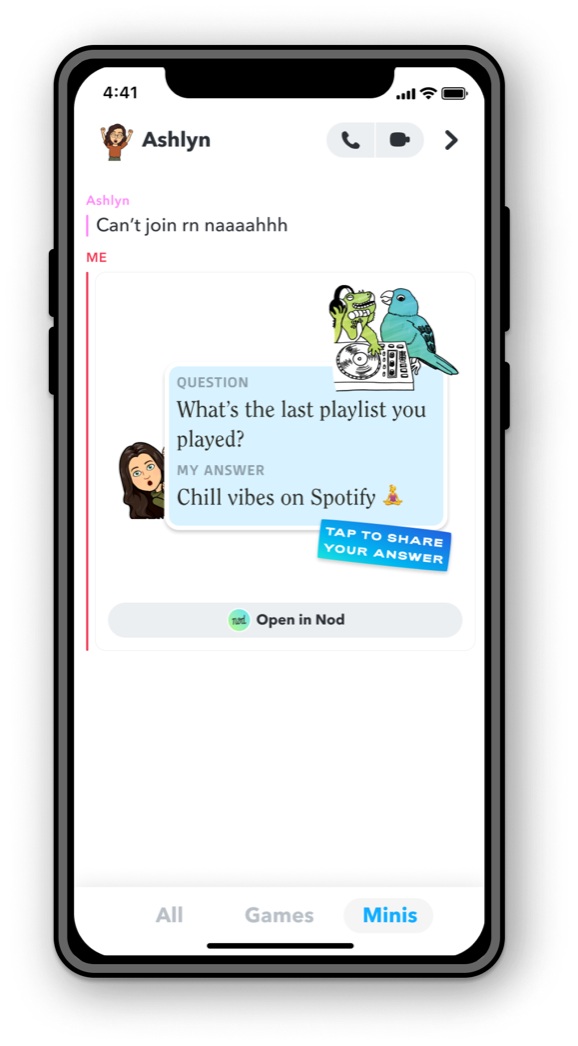 Snapchat chat with a Nod question card: What's the last playlist you played?