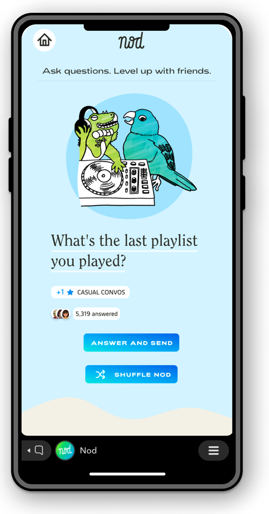 Nod Snap Mini home screen asking What's the last playlist you played?