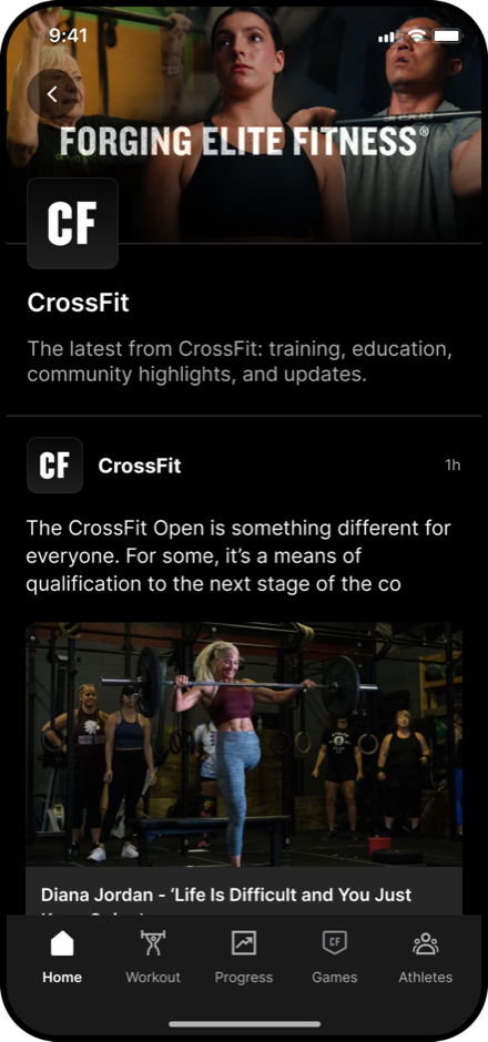 CrossFit app home feed with the latest from CrossFit and community posts