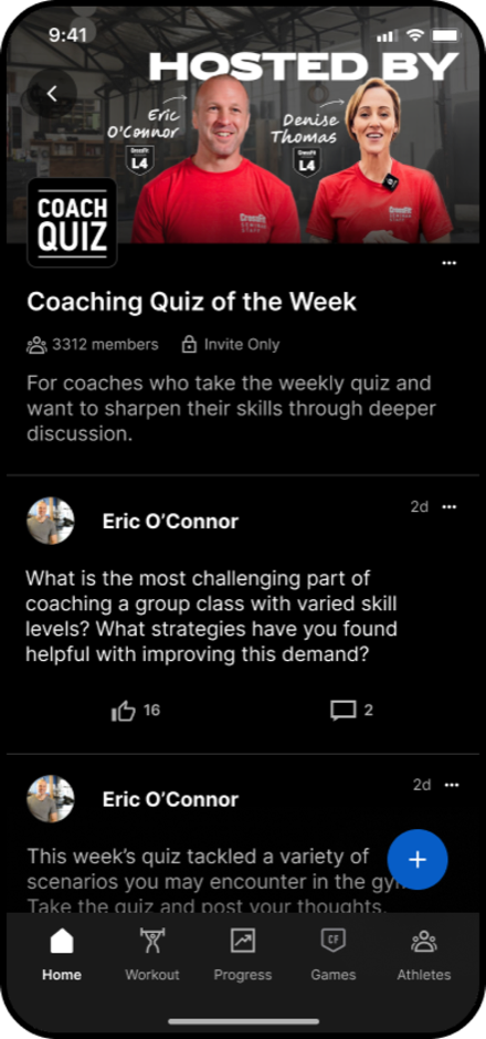 CrossFit app Coaching Quiz group with member discussion posts